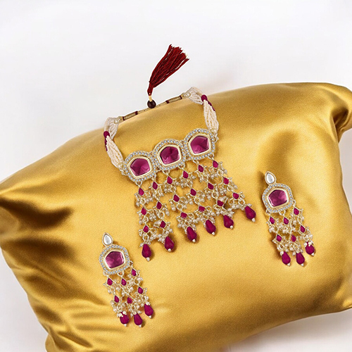 CJ4013 Stefan Traditional Necklace Set Adjustale Finger Ring with Rani Kundan And Crystals for Women