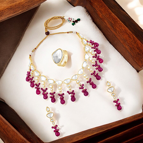 CJ4015 Stefan Traditional Necklace Set Adjustable Finger Ring With Ruby Kundan For Women