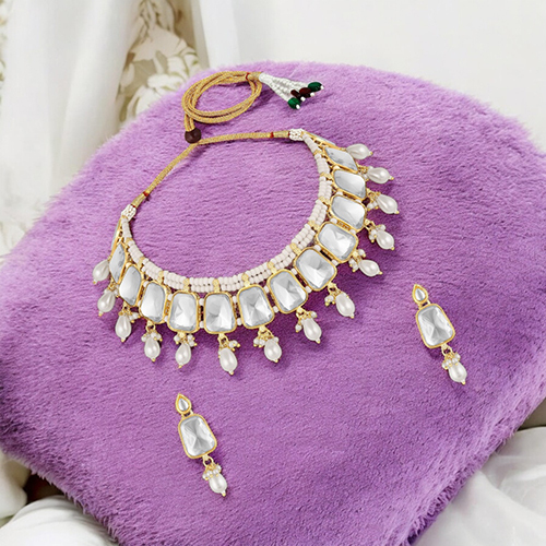 CJ4016 Stefan Traditional Necklace Set Adjustale Finger Ring with White Kundan for Women