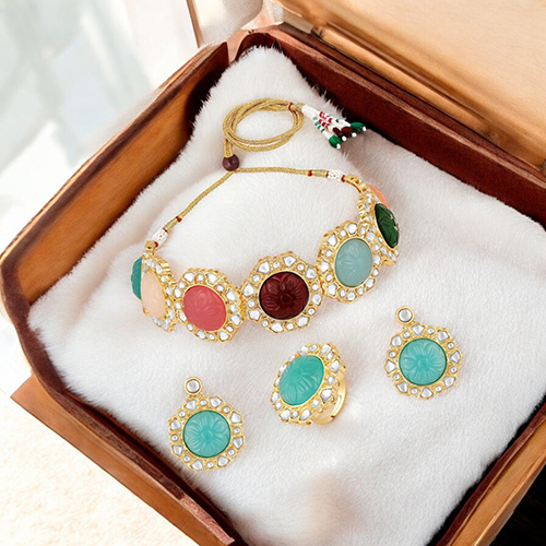 Stefan Traditional Necklace Set Adjustale Finger Ring with Multicolor Kundan for Women