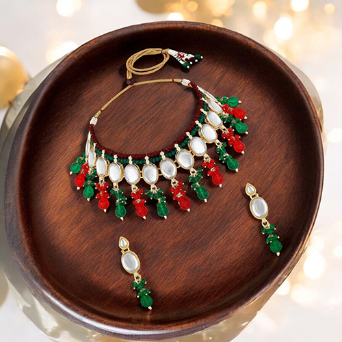 CJ4020 Stefan Traditional Necklace Set Adjustale Finger Ring with Multicolor Kundan for Women