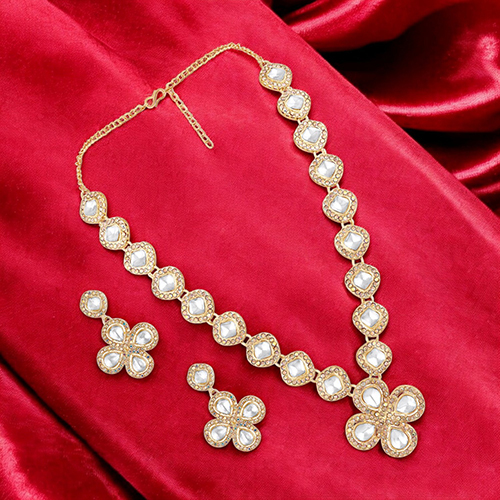 CJ4021 Stefan Traditional Necklace Set Adjustale Finger Ring with White Kundan And Crystals for Women