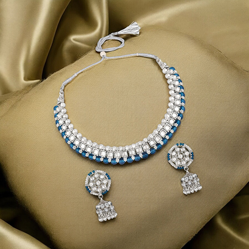 CJ4022 Stefan Traditional Necklace Set Adjustale Finger Ring With Blue Kundan