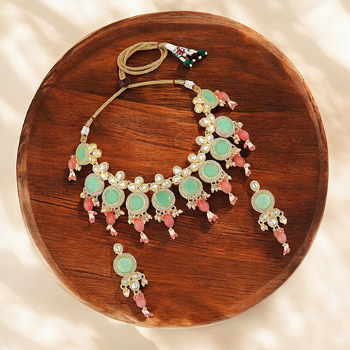 Gold Plated Stone Studded And Cluster Choker Necklace And Earrings With Ring