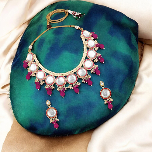 Stefan Traditional Necklace Set Adjustale Finger Ring with Red Kundan And Crystals for Women