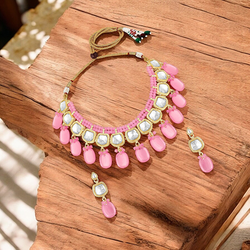 CJ4028 Stefan Traditional Necklace Set Adjustale Finger Ring with Pink Kundan And Crystals