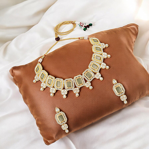 Stefan Traditional Necklace Set Adjustale Finger Ring With Green Kundan And Crystals For Women - Color: Different Available