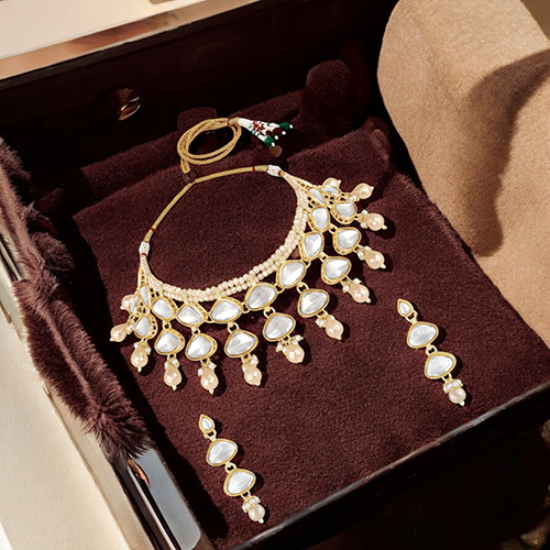 Stefan Traditional Necklace Set Adjustale Finger Ring with White Kundan And Crystals for Women