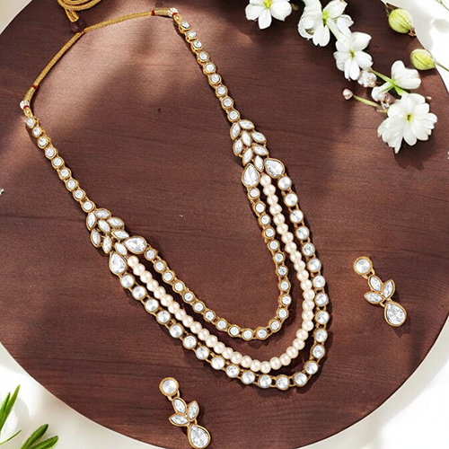 Stefan Ethnic Multilayer Kundan Long Necklace Set with Mehndi Plating for Women