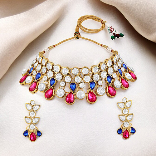 CJ4037 Stefan Multicolor Kundan Traditional Choker Necklace Set for Women