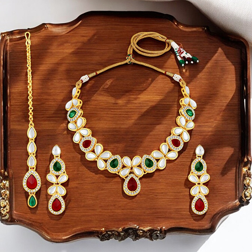 CJ4039 Stefan Multicolor Floral Kundan Traditional Choker Necklace Jewellery Set with Mangtika for Women