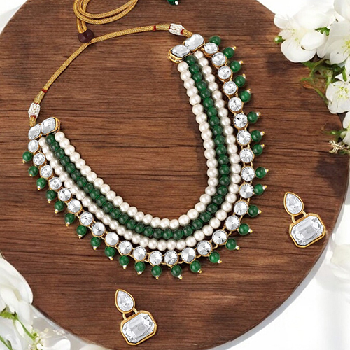 CJ4041 Stefan Mehndi Plated Green Kundan Studded Layered Necklace Set for Women