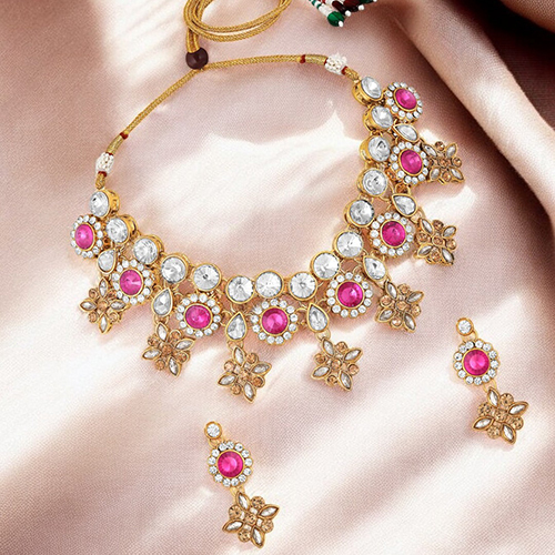 Stefan Mehndi Plated Pink and White Kundan Choker Necklace Set for Women