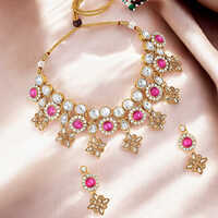 Stefan Mehndi Plated Pink and White Kundan Choker Necklace Set for Women
