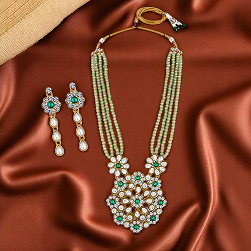 CJ4043 Stefan Grey and White Kundan Multilayer Floral Long Necklace Set for Women
