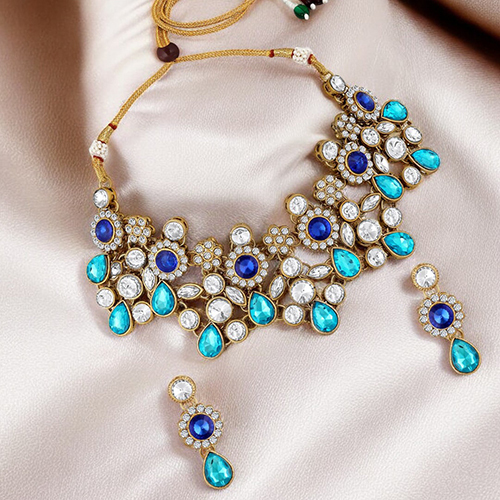 CJ4045 Stefan Traditional Blue Kundan Studded Floral Choker Necklace Set for Women