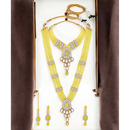 CJ100158YEL Stefan Gold Plated Yellow and White Kundan Traditional Jewellery Set for Women