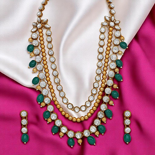 CJ100159GRN Stefan Ethnic Gold Plated Green and White Kundan Necklace Set For Women