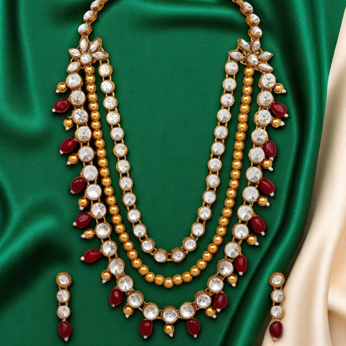 CJ100159MRN Stefan Ethnic Gold Plated Maroon and White Kundan Necklace Set For Women