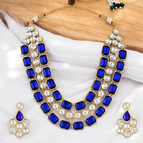 CJ100160BLU Stefan Ethnic Gold Plated Kundan Big stone Necklace Set For Women