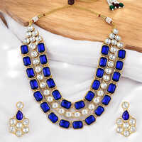 CJ100160BLU Stefan Ethnic Gold Plated Kundan Big stone Necklace Set For Women