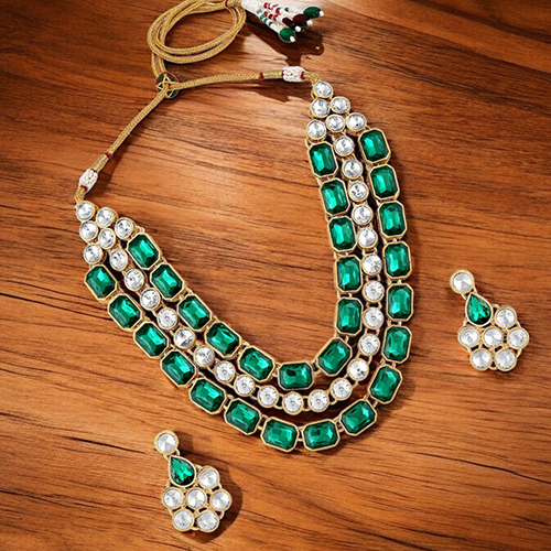 CJ100160GRN Stefan Ethnic Gold Plated Kundan Big stone Necklace Set For Women
