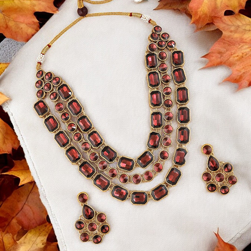 CJ100160MRN Stefan Ethnic Gold Plated Kundan Big stone Necklace Set For Women