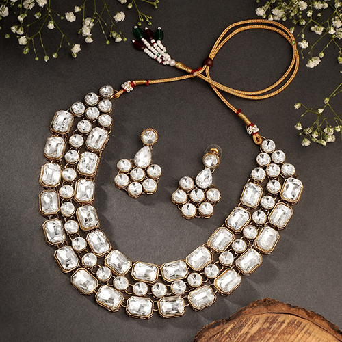 CJ100160WHT Stefan White Ethnic Gold Plated Kundan Big stone Necklace Set For Women
