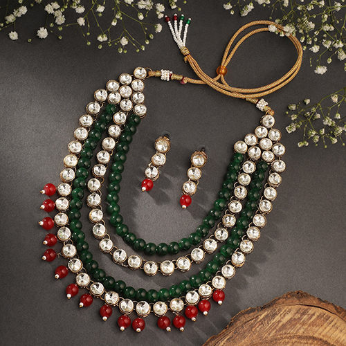 MG Stefan Traditional Gold Plated Maroon and Green Kundan Necklace set For Women