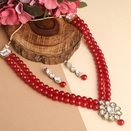 CJ100165RED Stefan Gold Plated Kundan Studded And Beaded Layered Jewellery Set
