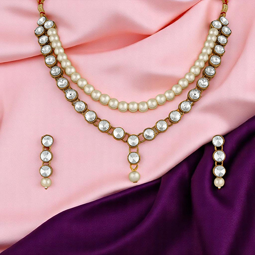 CJ100247WHT Stefan Traditional Jewellery Kundan and Artificial Pearl Necklace Set with Earrings for Women