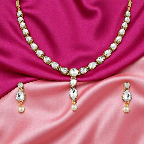 CJ100253WHT Stefan Traditional Jewellery Kundan and Artificial Pearl Necklace Set with Earrings for Women
