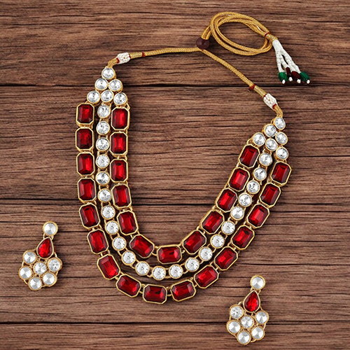 CJ100160MRWHT Stefan Ethnic Gold Plated Kundan Big stone Necklace Set For Women