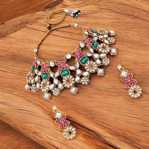 CJ4038 Stefan Multicolor Floral Kundan Traditional Choker Necklace Set for Women