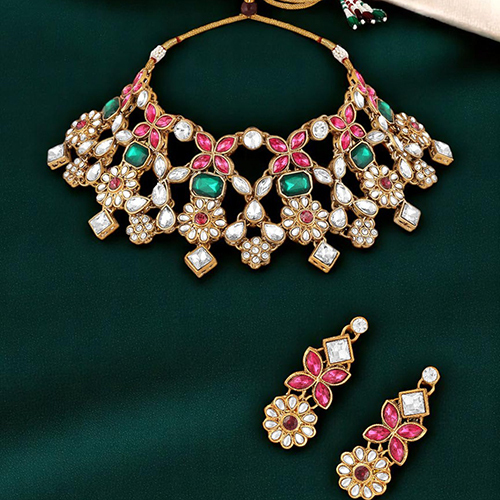 CJ4038 Stefan Multicolor Floral Kundan Traditional Choker Necklace Set for Women