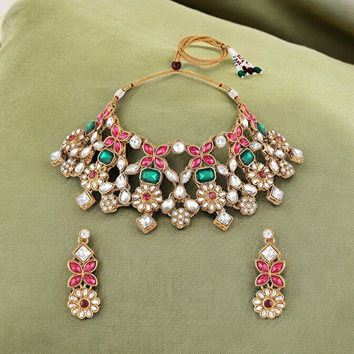 CJ4038 Stefan Multicolor Floral Kundan Traditional Choker Necklace Set for Women