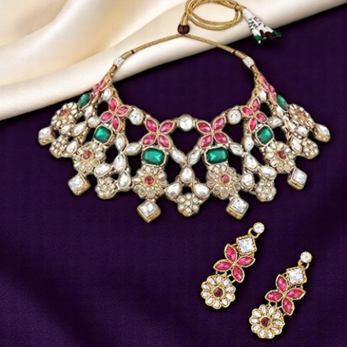 CJ4038 Stefan Multicolor Floral Kundan Traditional Choker Necklace Set for Women