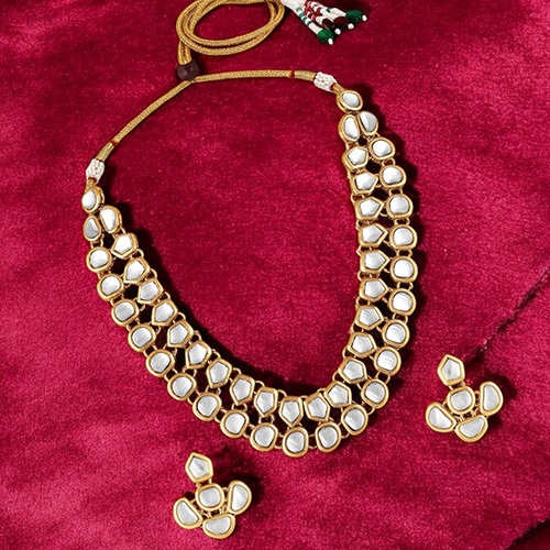 CJ100391 Stefan Traditional Gold Plated White Kundan Choker Necklace Set for Women