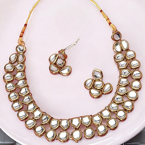 CJ100391 Stefan Traditional Gold Plated White Kundan Choker Necklace Set for Women
