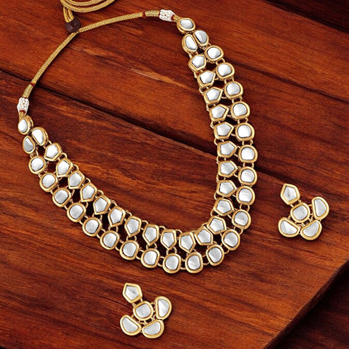 CJ100391 Stefan Traditional Gold Plated White Kundan Choker Necklace Set for Women