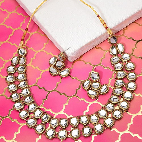 CJ100391 Stefan Traditional Gold Plated White Kundan Choker Necklace Set for Women