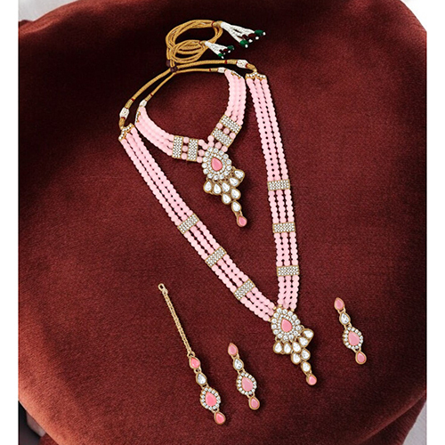 PINK Stefan Gold Plated Pink and White Kundan Traditional Jewellery Set for Women