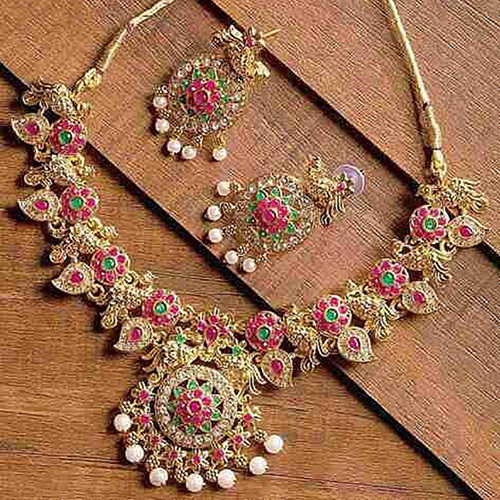 CJ100394 Stefan Traditional Gold Plated Multicolor Kundan Necklace Set for Women