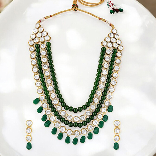 CJ100161GRN Stefan Bridal Traditional Green Kundan Studded Necklace Set