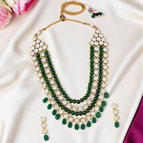 CJ100161GRN Stefan Bridal Traditional Green Kundan Studded Necklace Set