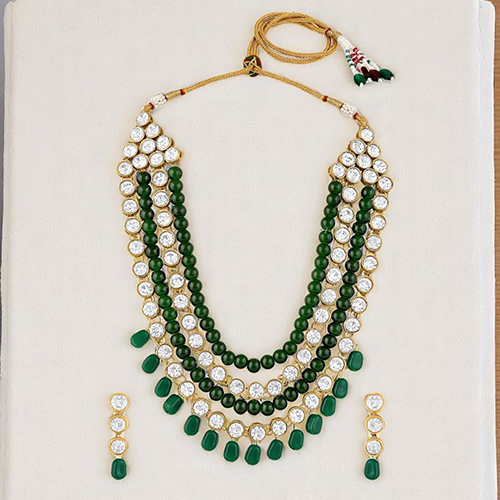 CJ100161GRN Stefan Bridal Traditional Green Kundan Studded Necklace Set