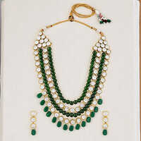 CJ100161GRN Stefan Bridal Traditional Green Kundan Studded Necklace Set