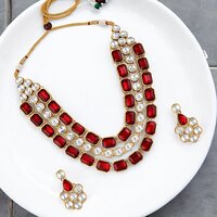 CJ100160MRWHT Stefan Ethnic Gold Plated Kundan Big stone Necklace Set For Women
