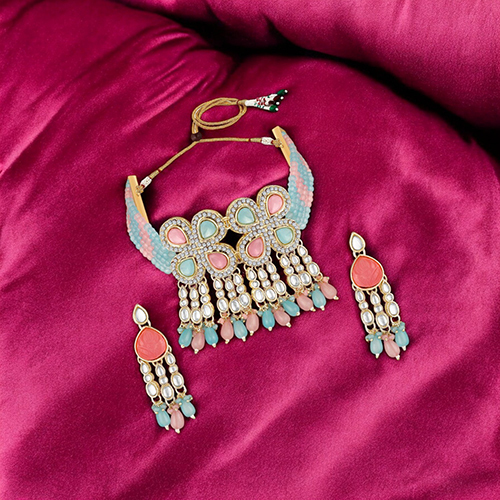 Stefan Traditional Necklace Set Adjustale Finger Ring with Multicolor Kundan And Crystals for Women