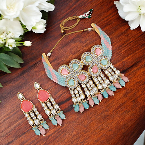 CJ4011 Stefan Traditional Necklace Set Adjustale Finger Ring with Multicolor Kundan And Crystals for Women